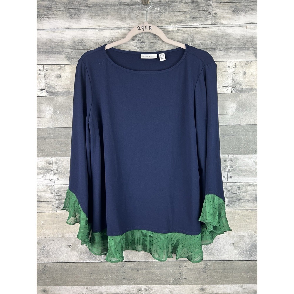 Susan Graver Women's Blue/Green Flare Long Sleeve Size Medium Blouse